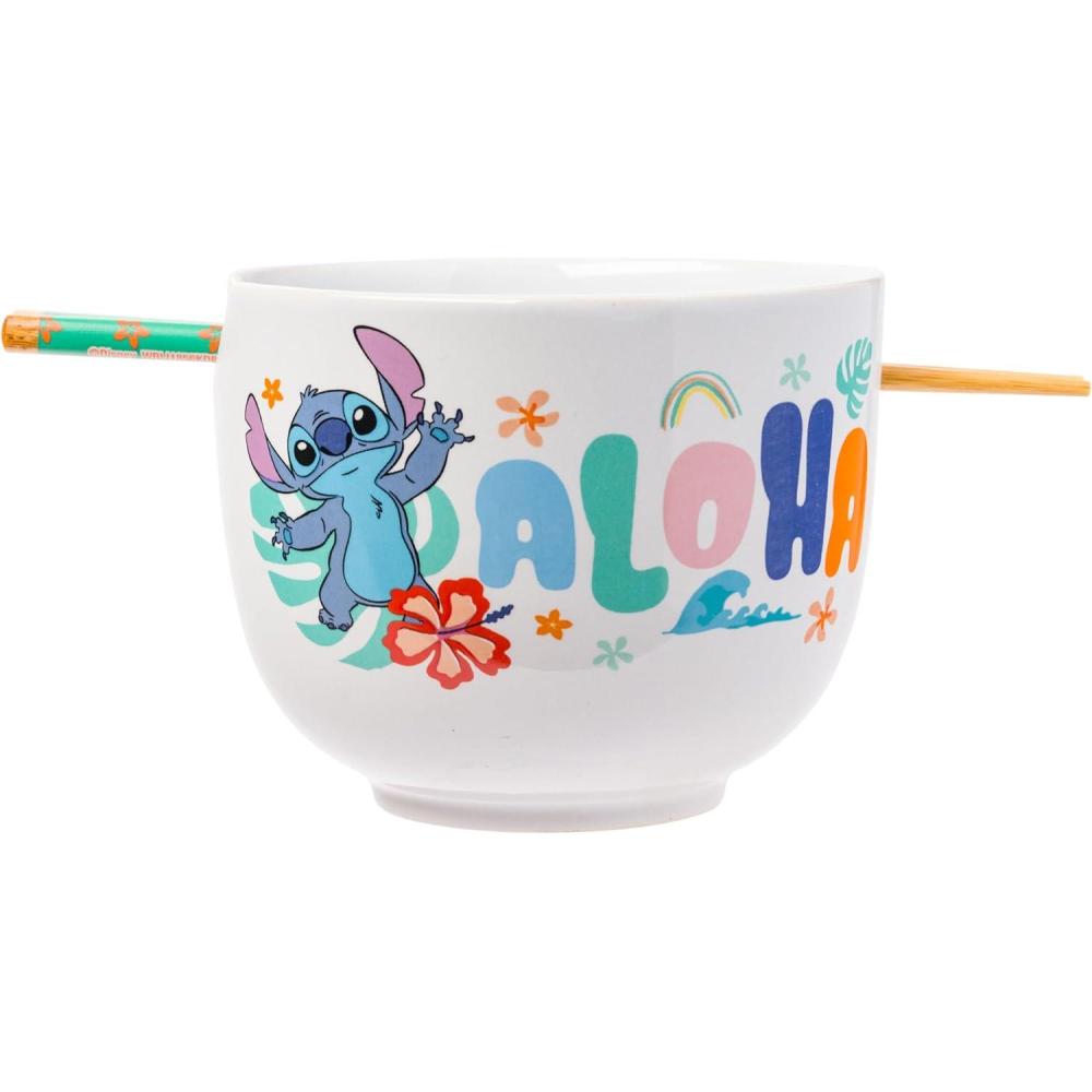 imageSilver Buffalo Disney Lilo and Stitch Hands Up Leaves and Flowers Ceramic Ramen Noodle Rice Bowl with Chopsticks and Spoon Microwave Safe 20 OuncesLilo and Stitch Aloha