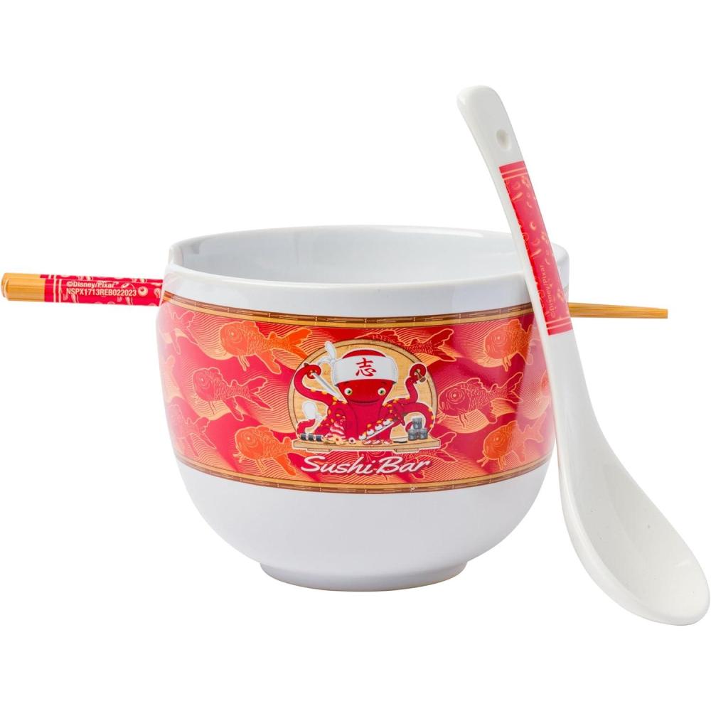 imageSilver Buffalo Disney Lilo and Stitch Hands Up Leaves and Flowers Ceramic Ramen Noodle Rice Bowl with Chopsticks and Spoon Microwave Safe 20 OuncesMonsters Inc Octopus Chef Spoon
