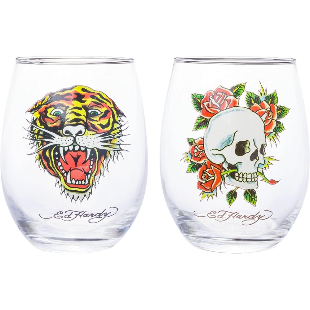 imageSilver Buffalo Disney Mickey and Minnie Classic Heart Glitter Stemless Wine Glass 20 OuncesEd Hardy