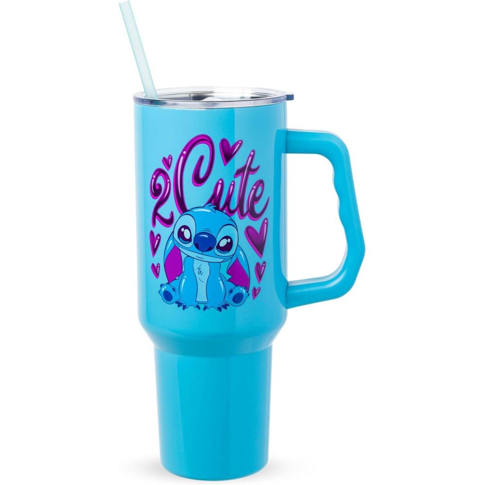 imageSilver Buffalo Disney Winnie the Pooh Dreamy Days Retro Art Stainless Steel Tumbler with Handle and Straw Fits in Standard Cup Holder 40 OuncesKawaii Stitch Sitting