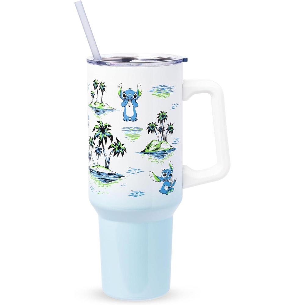 imageSilver Buffalo Disney Winnie the Pooh Dreamy Days Retro Art Stainless Steel Tumbler with Handle and Straw Fits in Standard Cup Holder 40 OuncesLilo and Stitch Palm Tree Island Sketches