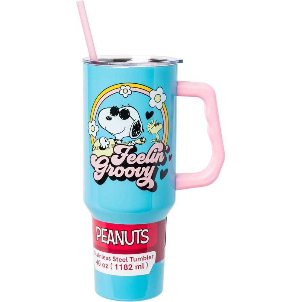 imageSilver Buffalo Disney Winnie the Pooh Dreamy Days Retro Art Stainless Steel Tumbler with Handle and Straw Fits in Standard Cup Holder 40 OuncesPeanuts Feeling Groovy