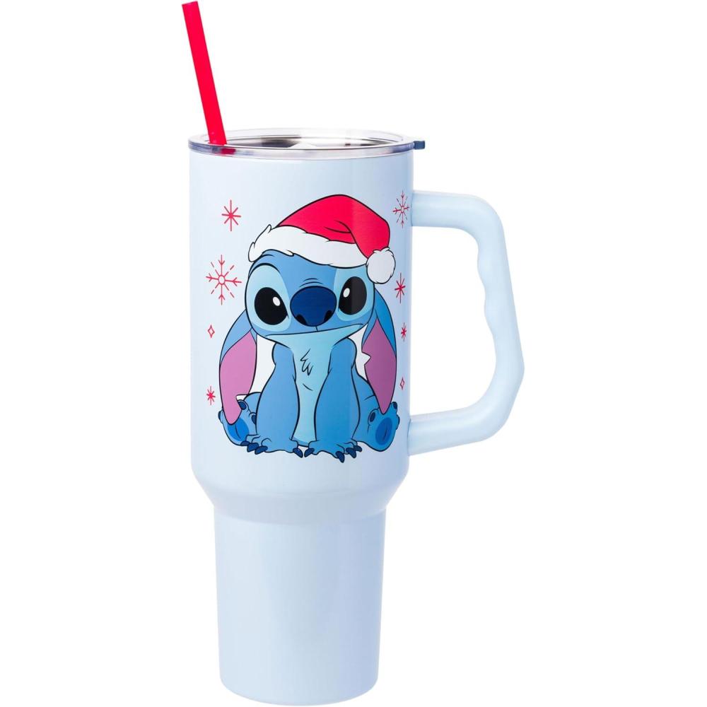imageSilver Buffalo Disney Winnie the Pooh Dreamy Days Retro Art Stainless Steel Tumbler with Handle and Straw Fits in Standard Cup Holder 40 OuncesStitch Wearing Santa Hat