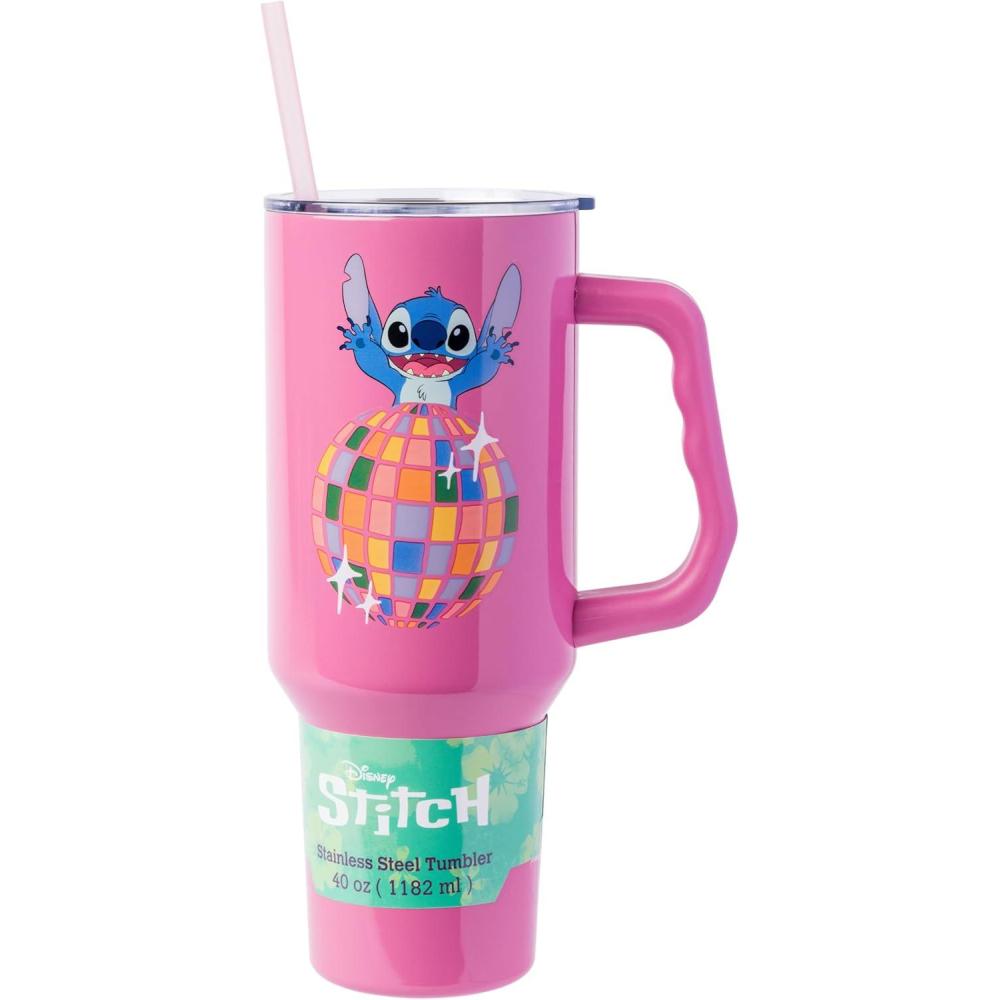 imageSilver Buffalo Disney Winnie the Pooh Dreamy Days Retro Art Stainless Steel Tumbler with Handle and Straw Fits in Standard Cup Holder 40 OuncesStitch Life is a Party
