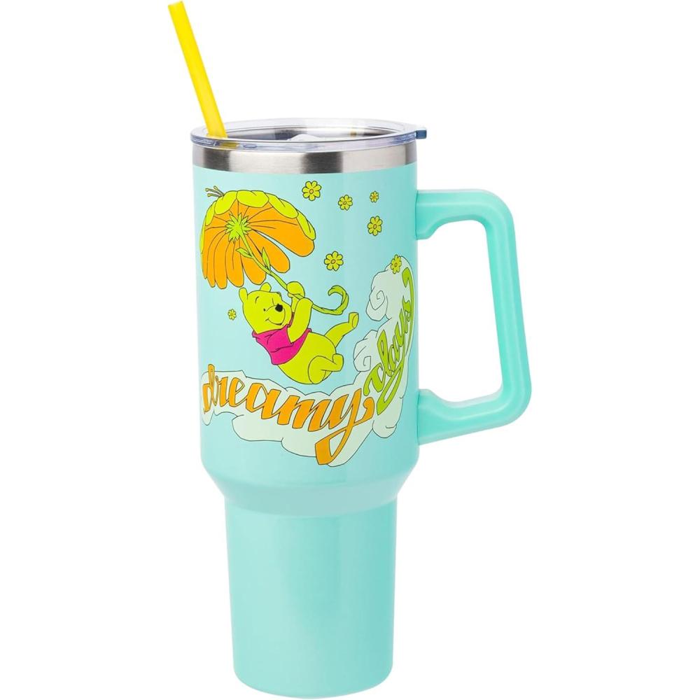 imageSilver Buffalo Disney Winnie the Pooh Dreamy Days Retro Art Stainless Steel Tumbler with Handle and Straw Fits in Standard Cup Holder 40 OuncesWinnie the Pooh Retro Dreamy Days