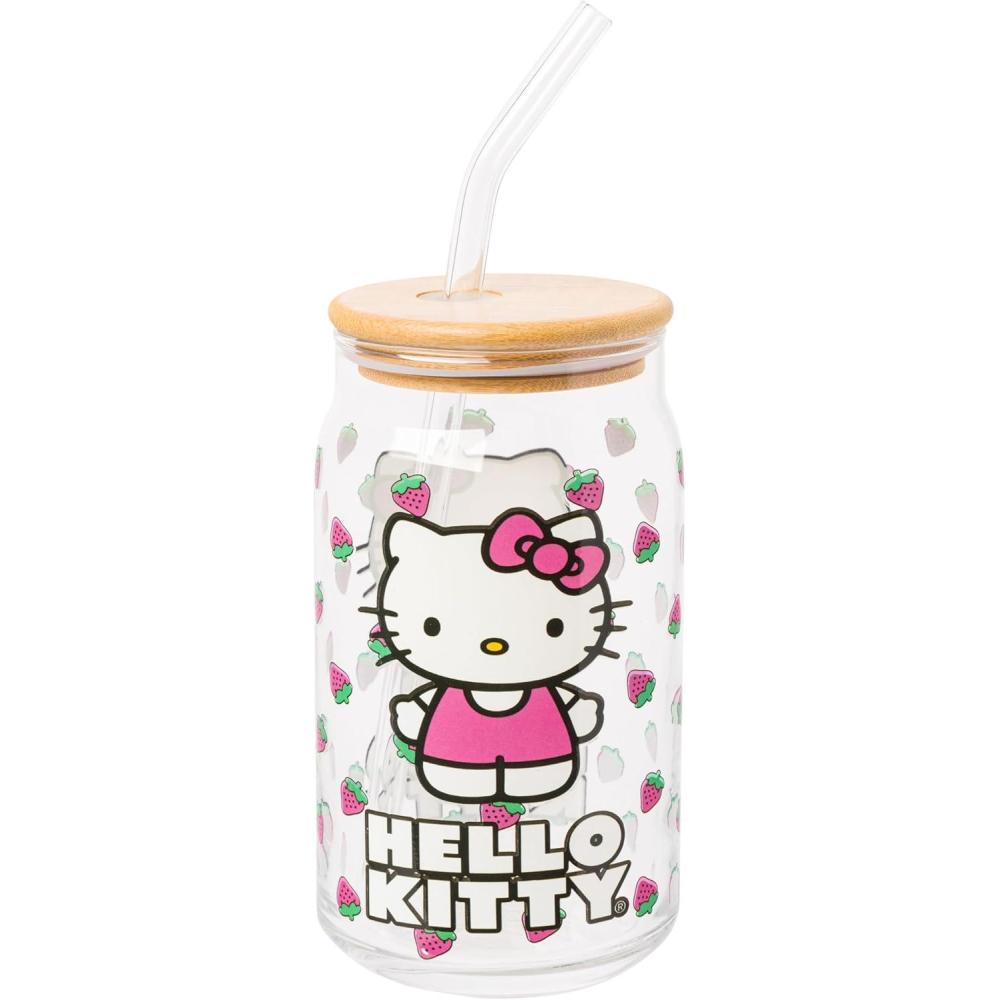 imageSilver Buffalo Sanrio Hello Kitty Strawberry Glass Jar Tumbler with Bamboo Lid and Glass Straw 16 Ounces