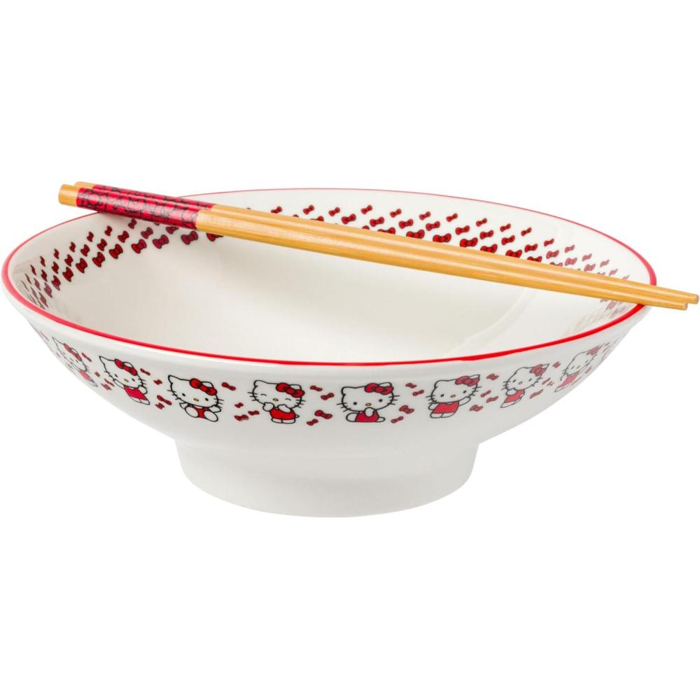 imageSilver Buffalo Sanrio Hello Kitty Strawberry Milk Japanese Character Ceramic Ramen Noodle Rice Bowl with Chopsticks Microwave Safe Pink 20 OuncesHello Kitty Red Stripes and Bows Big