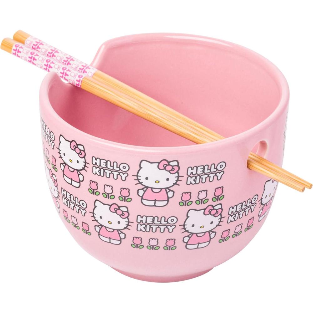 imageSilver Buffalo Sanrio Hello Kitty Strawberry Milk Japanese Character Ceramic Ramen Noodle Rice Bowl with Chopsticks Microwave Safe Pink 20 OuncesHello Kitty Flowers Pattern