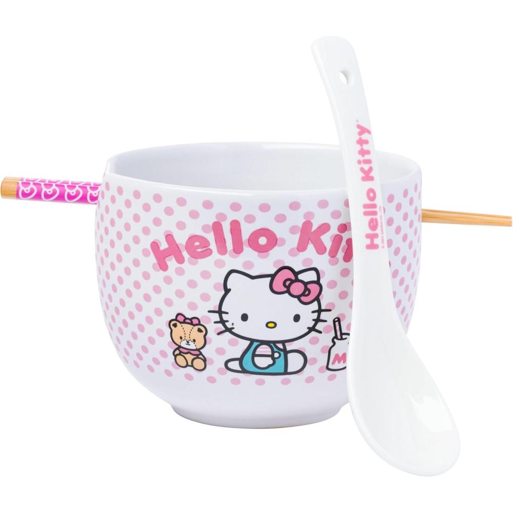 imageSilver Buffalo Sanrio Hello Kitty Strawberry Milk Japanese Character Ceramic Ramen Noodle Rice Bowl with Chopsticks Microwave Safe Pink 20 OuncesHello Kitty Pink Polka Dot Spoon