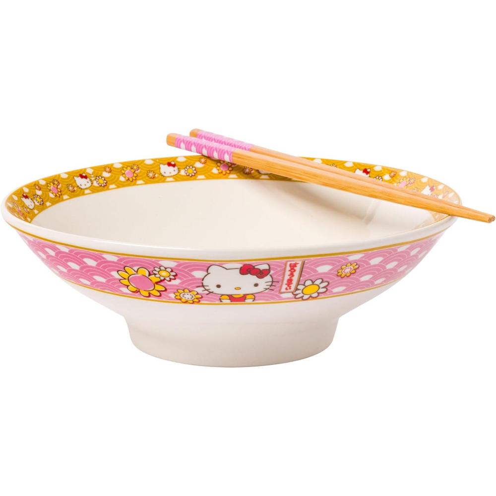 imageSilver Buffalo Sanrio Hello Kitty Strawberry Milk Japanese Character Ceramic Ramen Noodle Rice Bowl with Chopsticks Microwave Safe Pink 20 OuncesHello Kitty Waves and Flowers Big