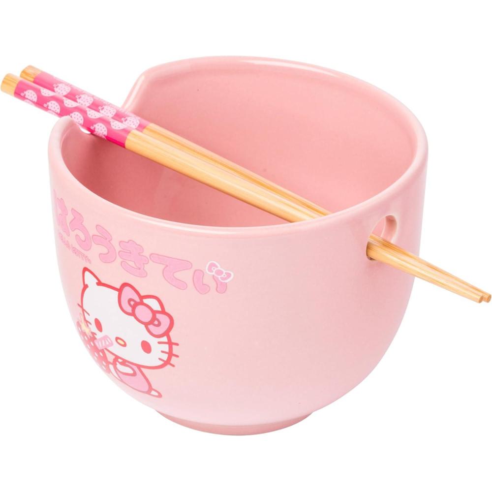imageSilver Buffalo Sanrio Hello Kitty Strawberry Milk Japanese Character Ceramic Ramen Noodle Rice Bowl with Chopsticks Microwave Safe Pink 20 OuncesHello Kitty Strawberry Milk