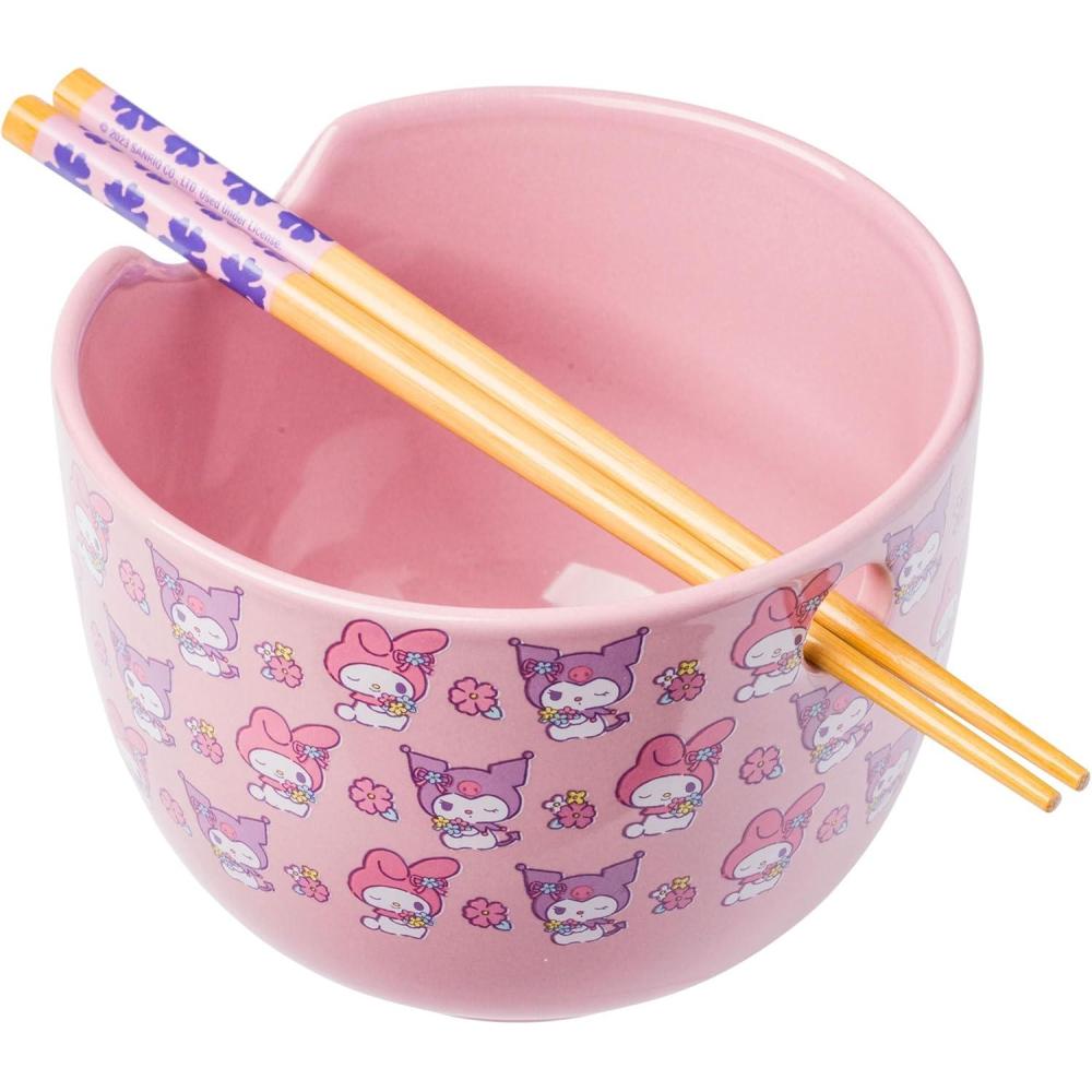 imageSilver Buffalo Sanrio Hello Kitty and Friends Kuromi Ceramic Ramen Noodle Rice Bowl with Chopsticks Microwave Safe 20 OuncesMy Melody and Kuromi Flowers