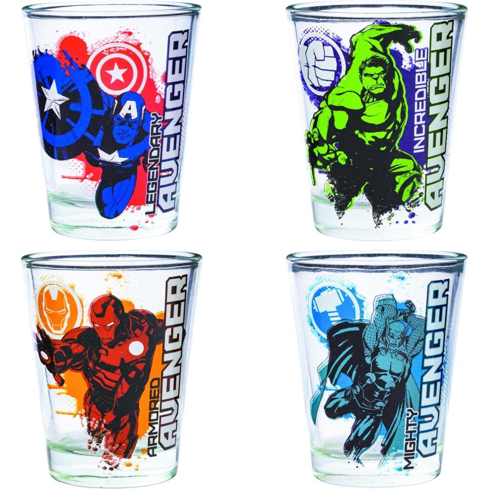 imageSilver Buffalo SpongeBob SquarePants Featuring Gary Poses Floral Krabby Patty 4 Pack Mini Glass Set 15 OuncesAvengers Splatter
