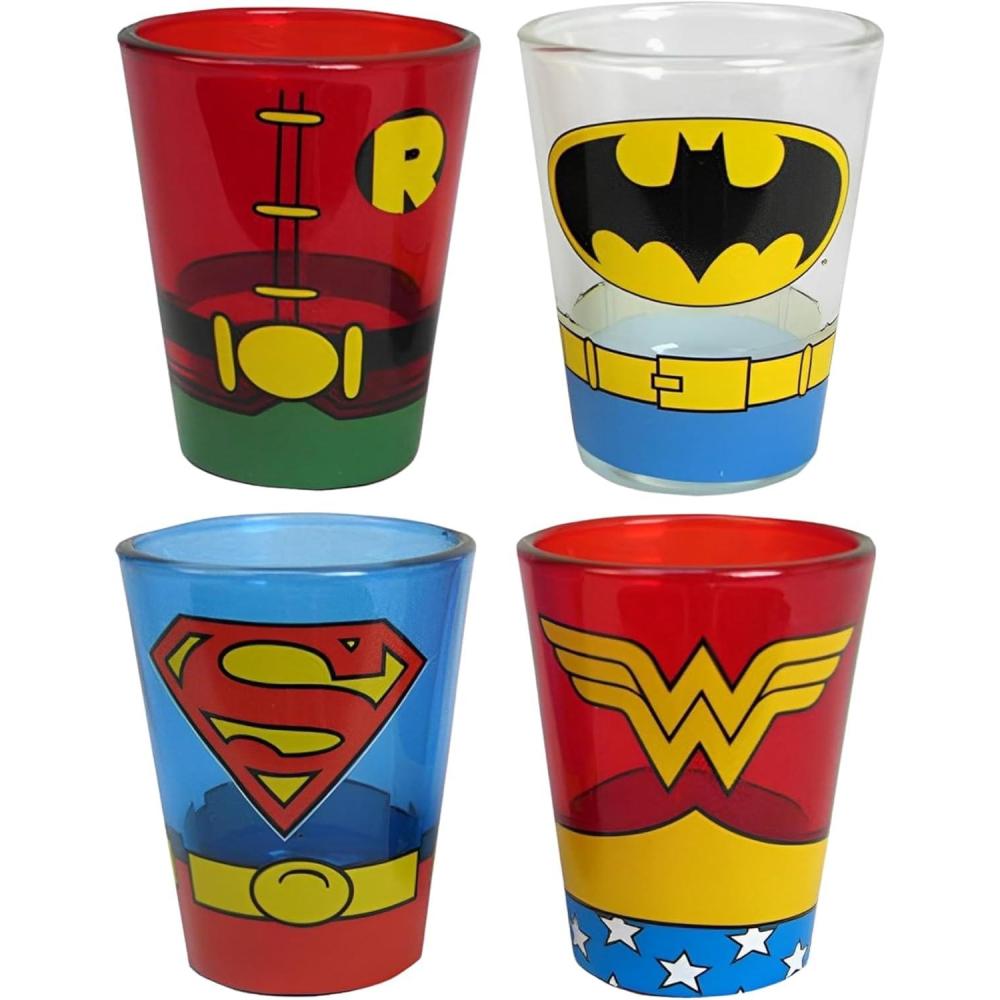 imageSilver Buffalo SpongeBob SquarePants Featuring Gary Poses Floral Krabby Patty 4 Pack Mini Glass Set 15 OuncesDC Comics Superhero Uniforms