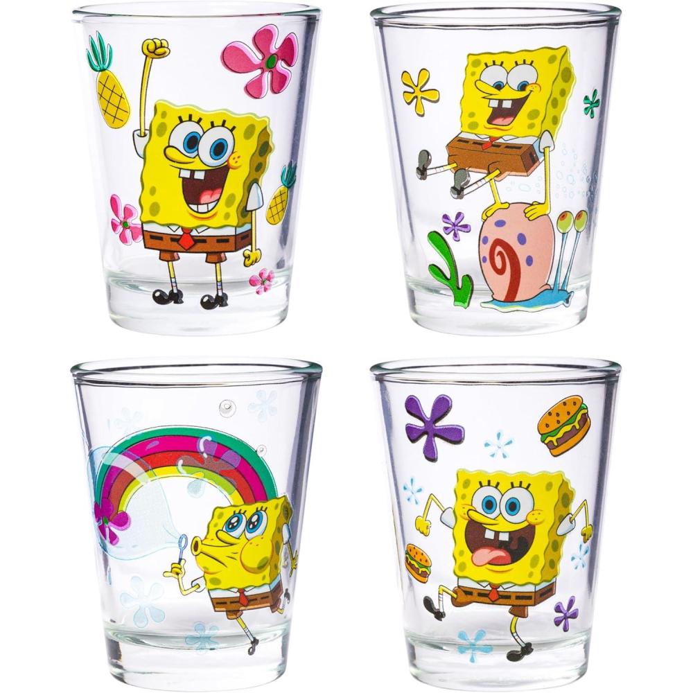 imageSilver Buffalo SpongeBob SquarePants Featuring Gary Poses Floral Krabby Patty 4 Pack Mini Glass Set 15 OuncesSpongebob Squarepants Poses