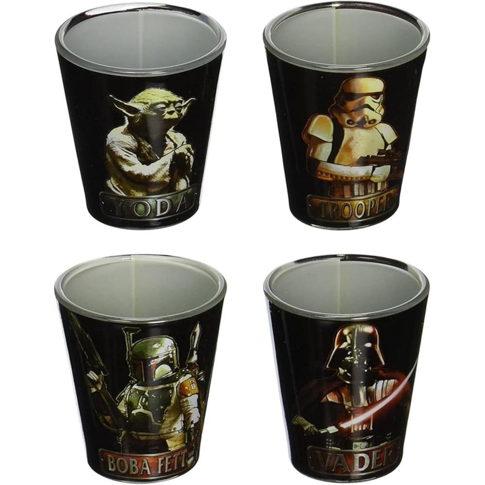 imageSilver Buffalo SpongeBob SquarePants Featuring Gary Poses Floral Krabby Patty 4 Pack Mini Glass Set 15 OuncesStar Wars Character Portraits Black
