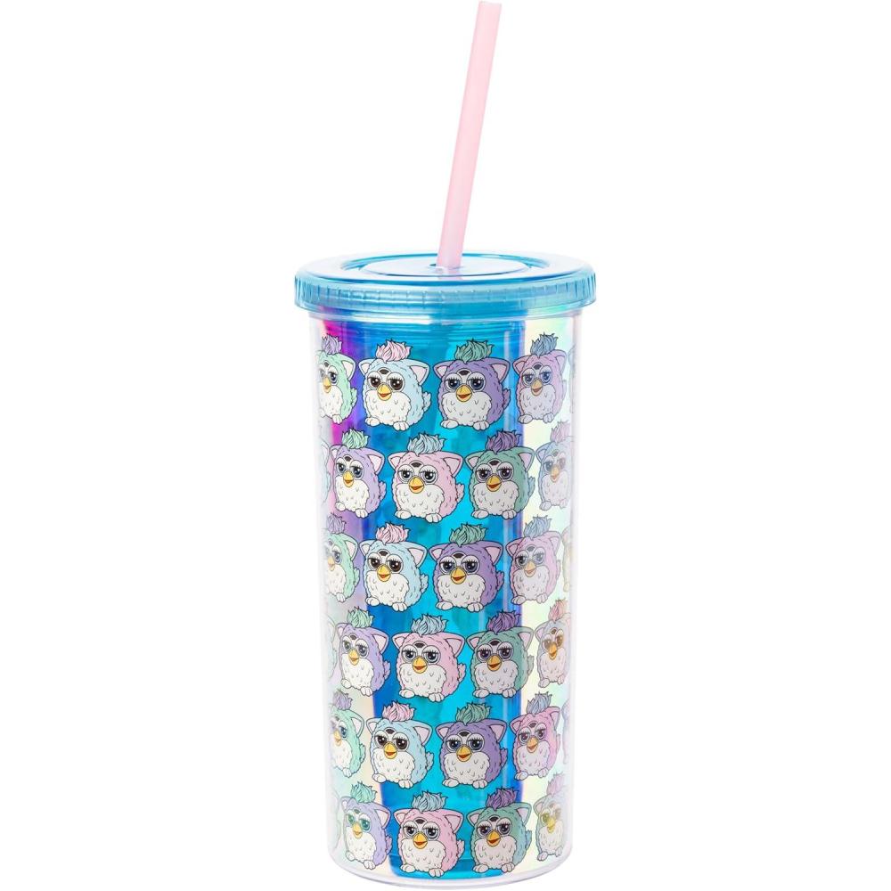 imageSilver Buffalo Disney Lilo and Stitch Tropical Pattern Plastic Tall Cold Cup with Lid and Straw 20 OuncesFurby Iridescent