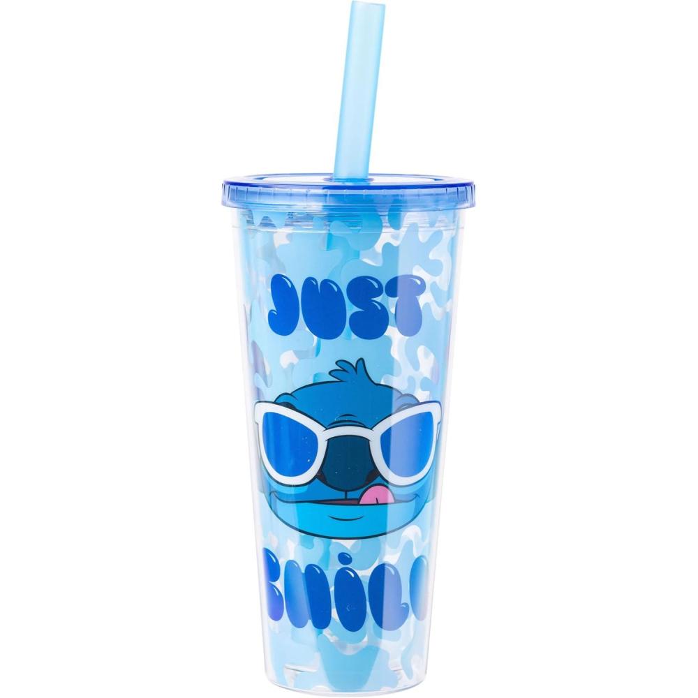 imageSilver Buffalo Disney Lilo and Stitch Tropical Sitting Stitch Double Walled Stainless Steel Water Bottle 25 Ounces24oz Cool Sunglasses Just Chill Boba Straw