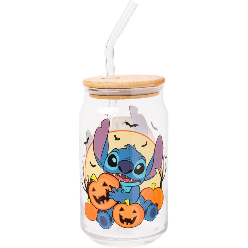 imageSilver Buffalo Disney Villains Featuring Scar Maleficent Ursula Evil Queen and Hades Chrome Glass Jar Tumbler with Bamboo Lid and Glass Straw 16 OuncesLilo and Stitch Halloween