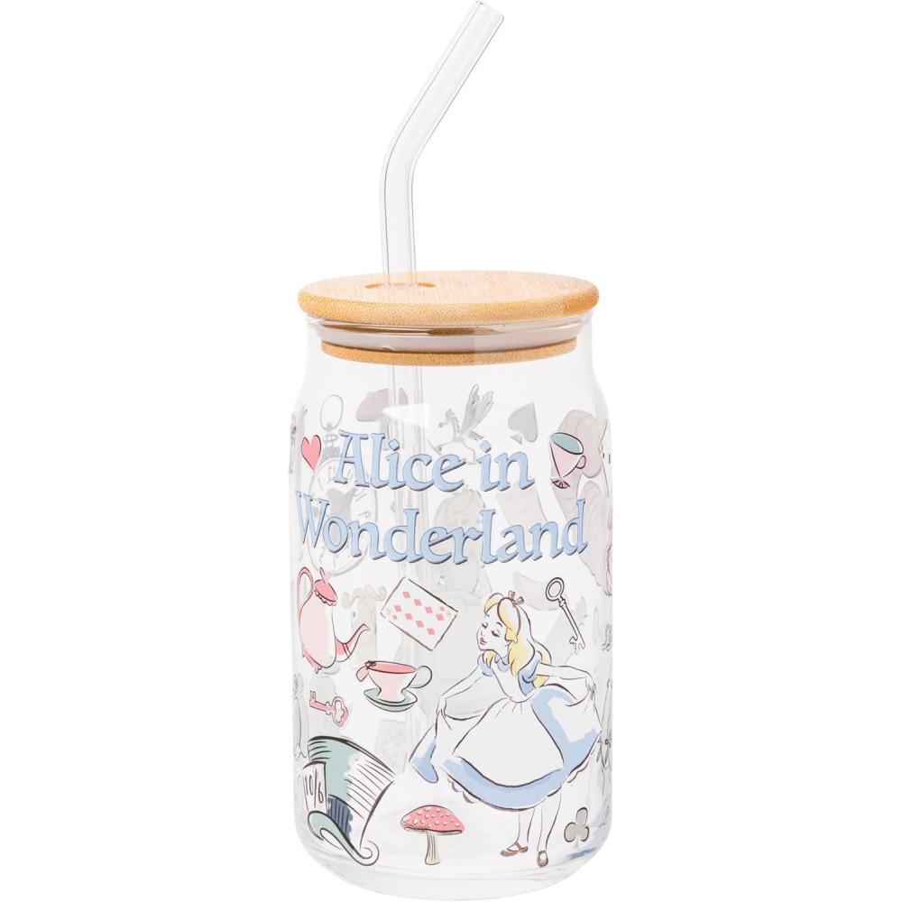 imageSilver Buffalo Disney Villains Featuring Scar Maleficent Ursula Evil Queen and Hades Chrome Glass Jar Tumbler with Bamboo Lid and Glass Straw 16 OuncesAlice in Wonderland