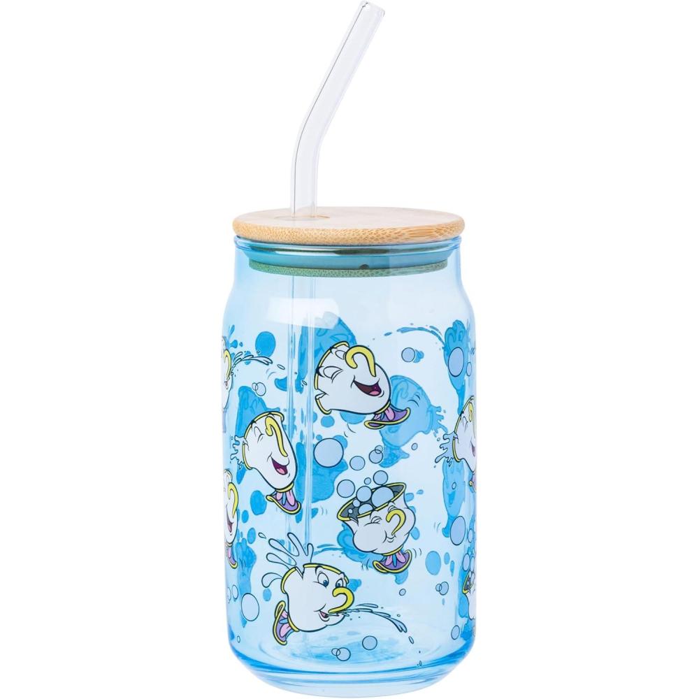 imageSilver Buffalo Disney Villains Featuring Scar Maleficent Ursula Evil Queen and Hades Chrome Glass Jar Tumbler with Bamboo Lid and Glass Straw 16 OuncesBeauty and the Beast Chip