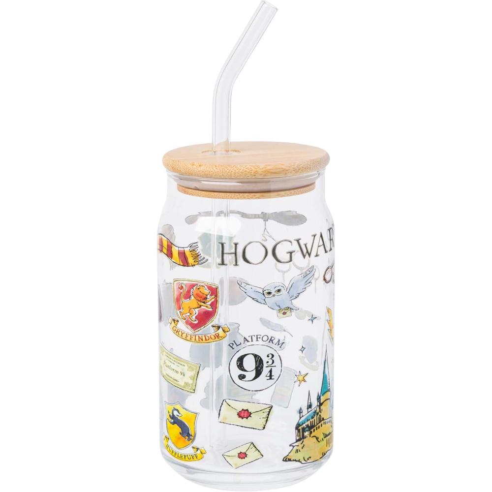 imageSilver Buffalo Disney Villains Featuring Scar Maleficent Ursula Evil Queen and Hades Chrome Glass Jar Tumbler with Bamboo Lid and Glass Straw 16 OuncesHarry Potter Icons
