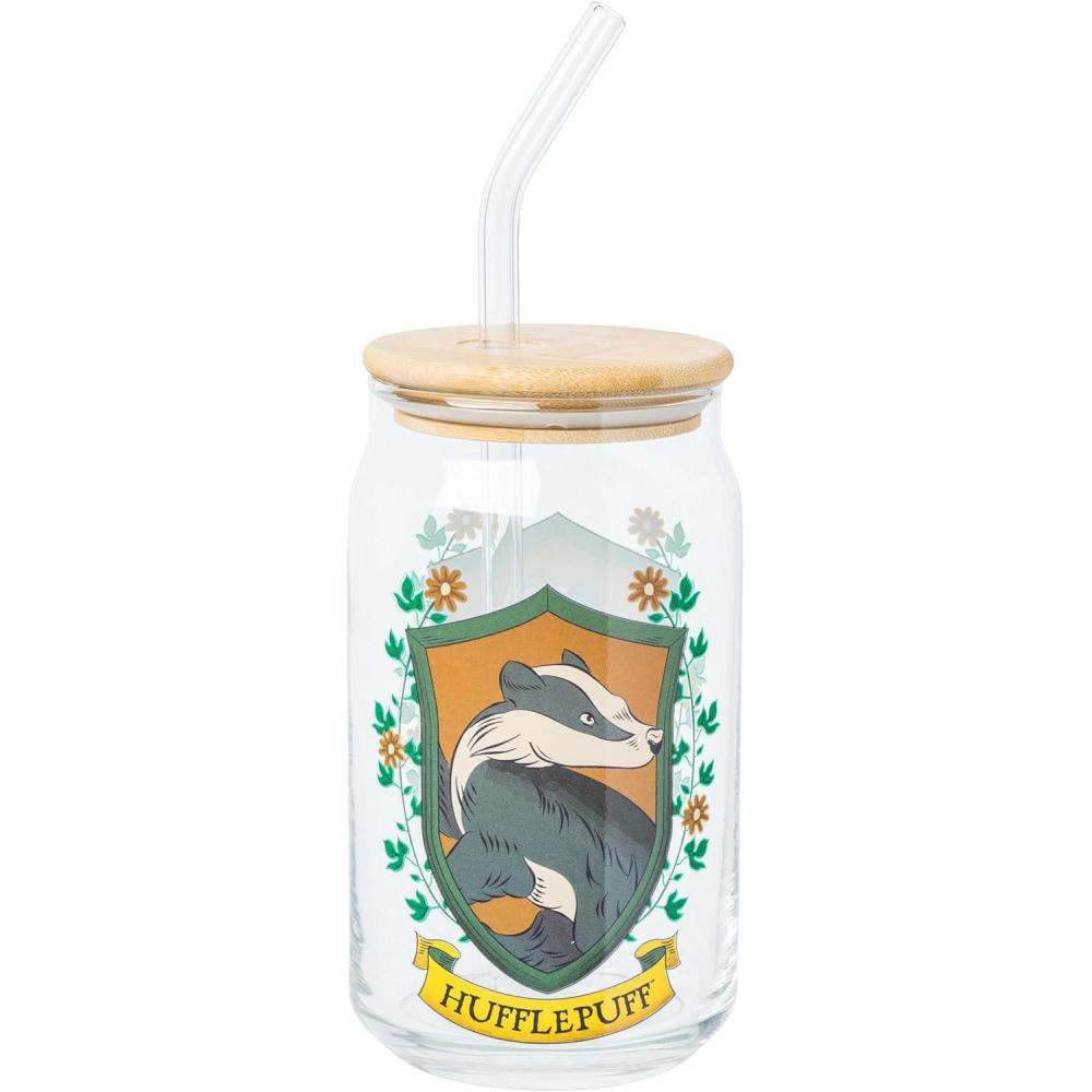 imageSilver Buffalo Disney Villains Featuring Scar Maleficent Ursula Evil Queen and Hades Chrome Glass Jar Tumbler with Bamboo Lid and Glass Straw 16 OuncesHarry Potter Hufflepuff