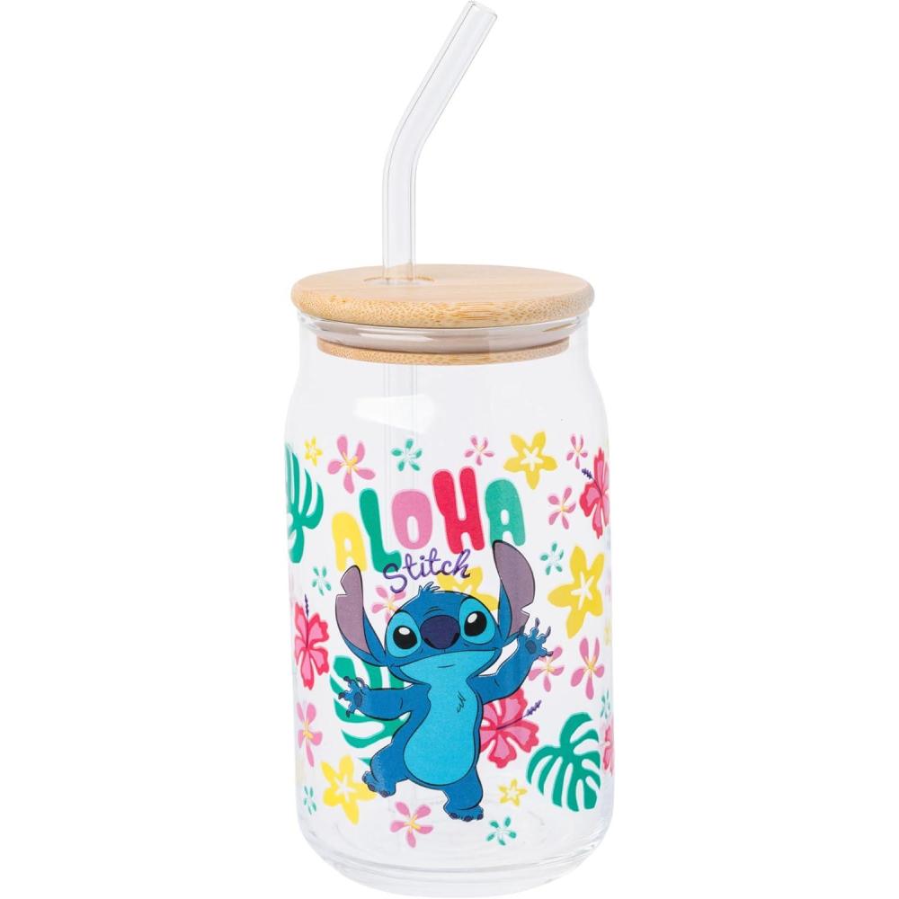 imageSilver Buffalo Disney Villains Featuring Scar Maleficent Ursula Evil Queen and Hades Chrome Glass Jar Tumbler with Bamboo Lid and Glass Straw 16 OuncesLilo and Stitch Aloha