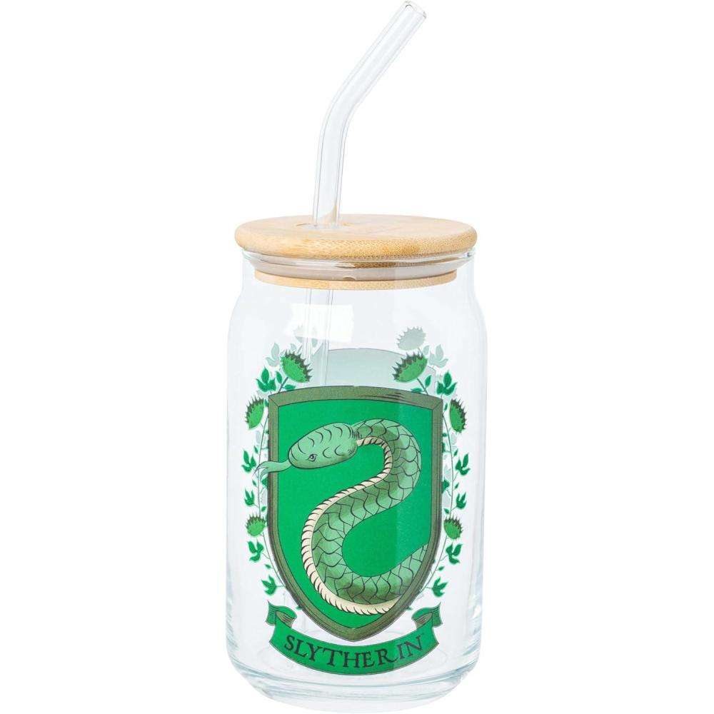 imageSilver Buffalo Disney Villains Featuring Scar Maleficent Ursula Evil Queen and Hades Chrome Glass Jar Tumbler with Bamboo Lid and Glass Straw 16 OuncesHarry Potter Slytherin