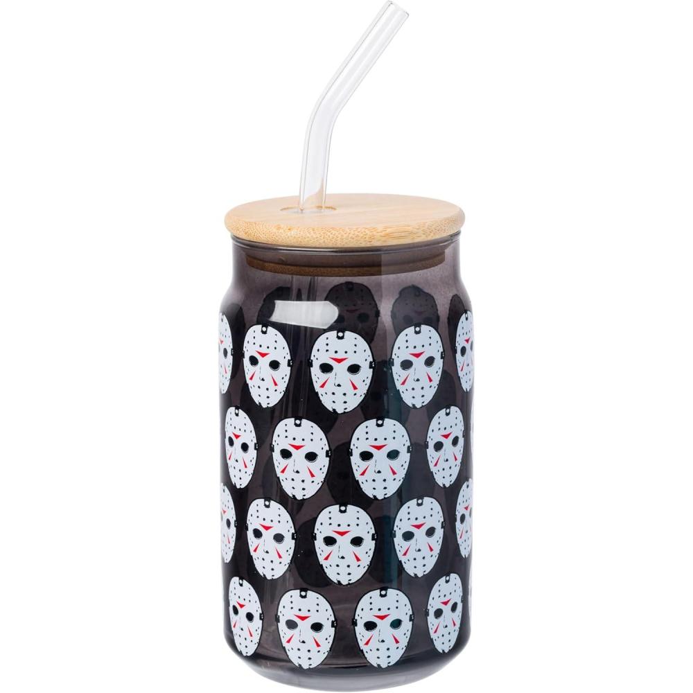imageSilver Buffalo Disney Villains Featuring Scar Maleficent Ursula Evil Queen and Hades Chrome Glass Jar Tumbler with Bamboo Lid and Glass Straw 16 OuncesFriday the 13th