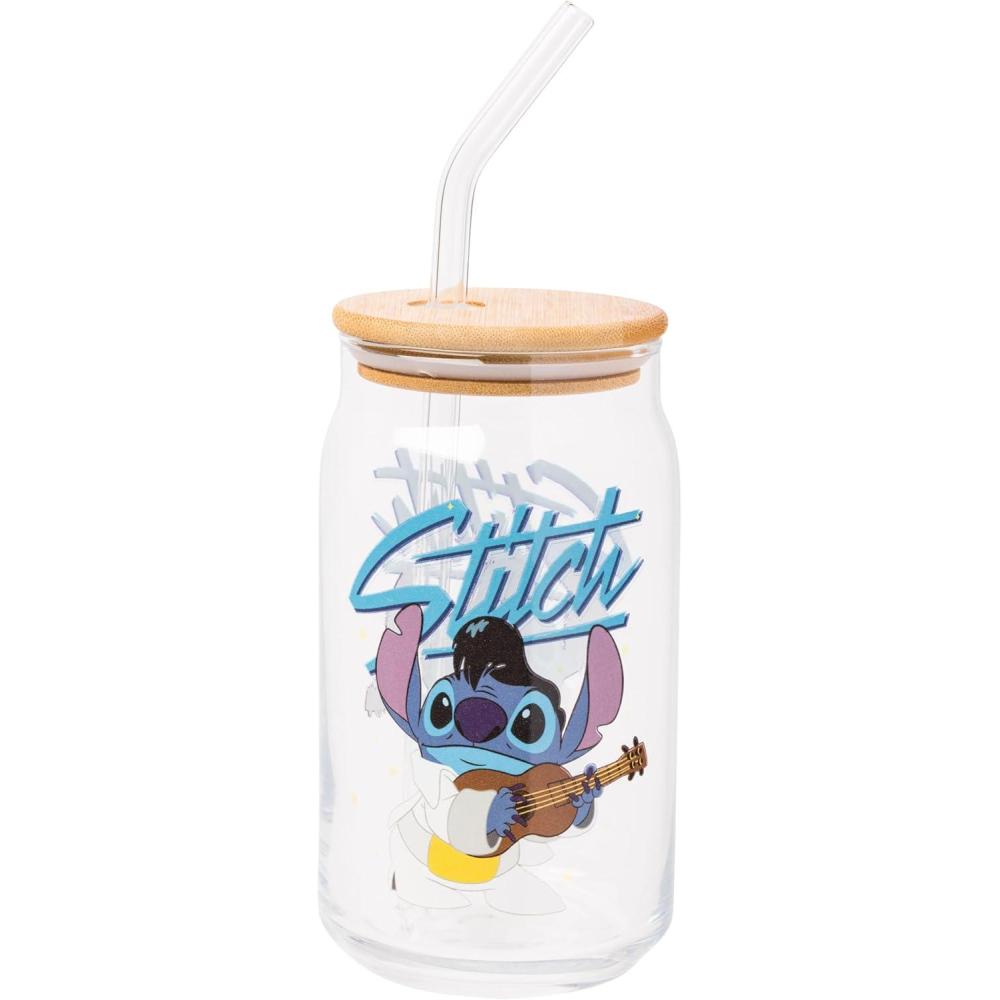 imageSilver Buffalo Disney Villains Featuring Scar Maleficent Ursula Evil Queen and Hades Chrome Glass Jar Tumbler with Bamboo Lid and Glass Straw 16 OuncesLilo and Stitch Elvis