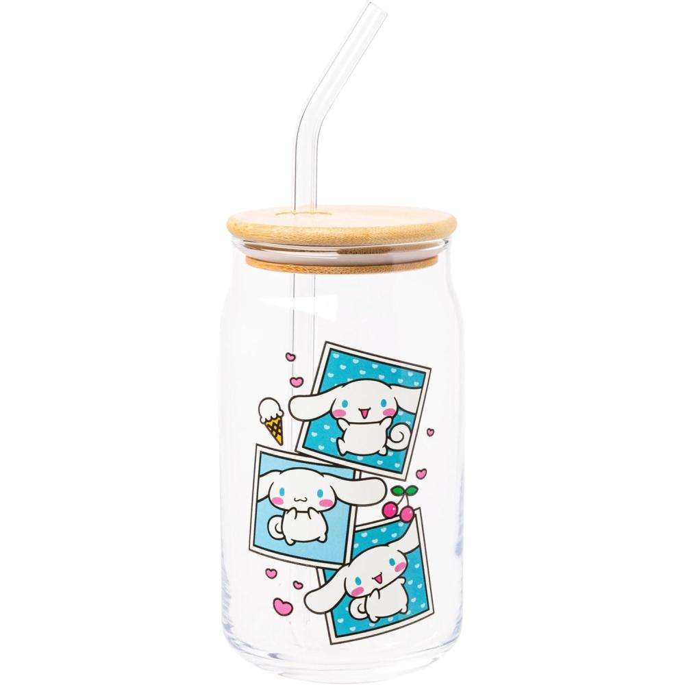 imageSilver Buffalo Sanrio Hello Kitty and Friends Cinnamoroll Polaroids Glass Jar Tumbler with Bamboo Lid and Glass Straw 16 OuncesCinnamoroll Polaroids