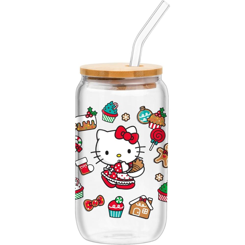 imageSilver Buffalo Sanrio Hello Kitty and Friends Cinnamoroll Polaroids Glass Jar Tumbler with Bamboo Lid and Glass Straw 16 OuncesHello Kitty Christmas Sweets
