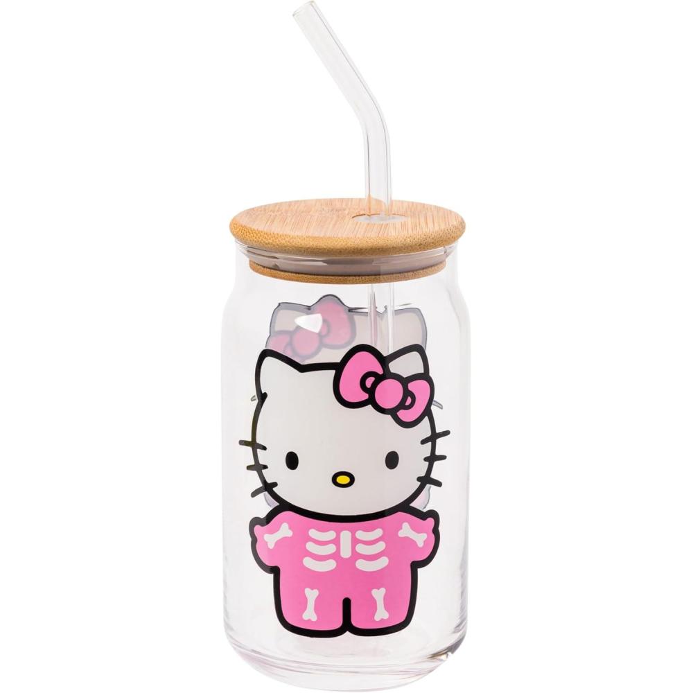 imageSilver Buffalo Sanrio Hello Kitty and Friends Cinnamoroll Polaroids Glass Jar Tumbler with Bamboo Lid and Glass Straw 16 OuncesHello Kitty Halloween Skeleton