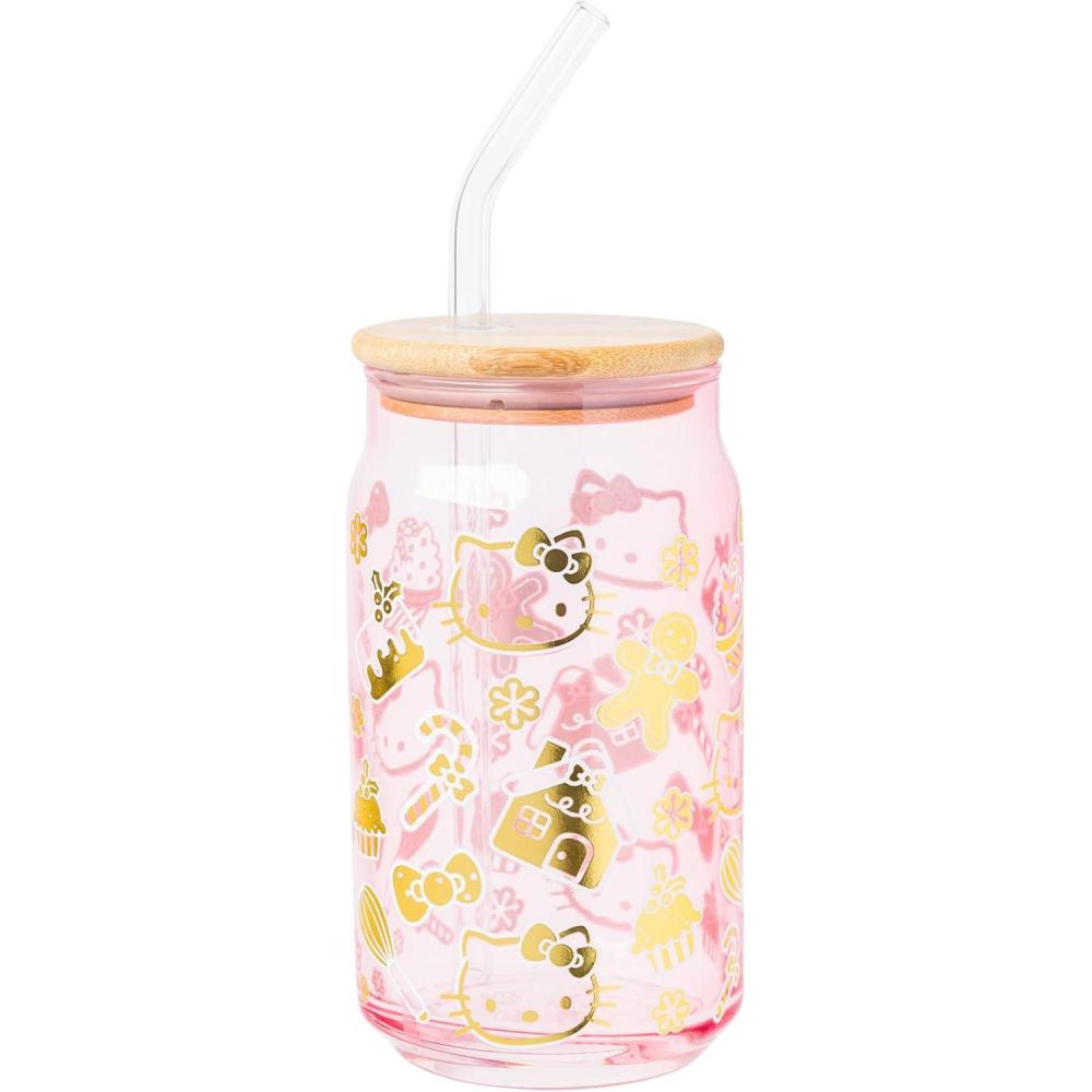 imageSilver Buffalo Sanrio Hello Kitty and Friends Cinnamoroll Polaroids Glass Jar Tumbler with Bamboo Lid and Glass Straw 16 OuncesHello Kitty Holiday Gingerbread Pink and Gold Foil