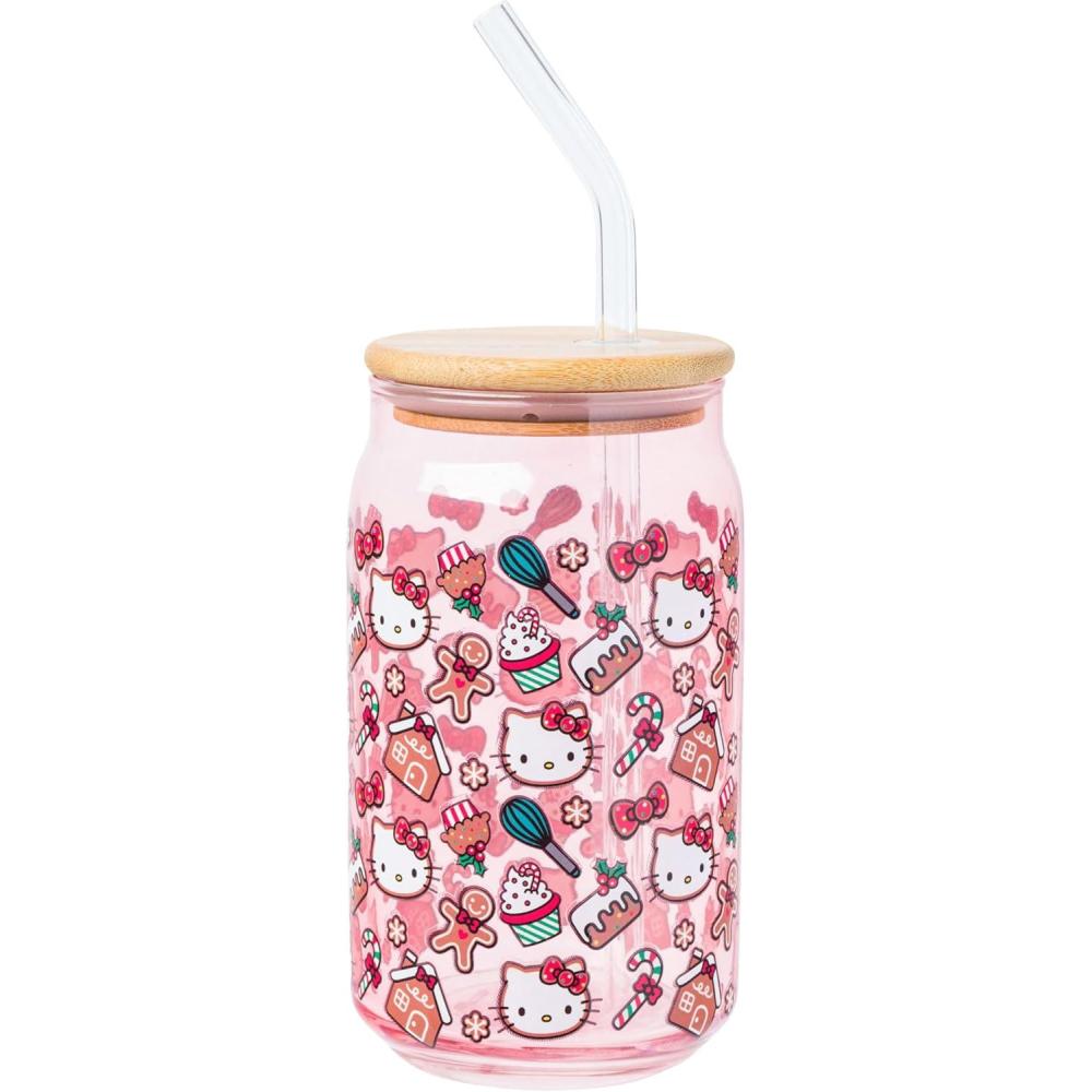 imageSilver Buffalo Sanrio Hello Kitty and Friends Cinnamoroll Polaroids Glass Jar Tumbler with Bamboo Lid and Glass Straw 16 OuncesHello Kitty Holiday Gingerbread Colored