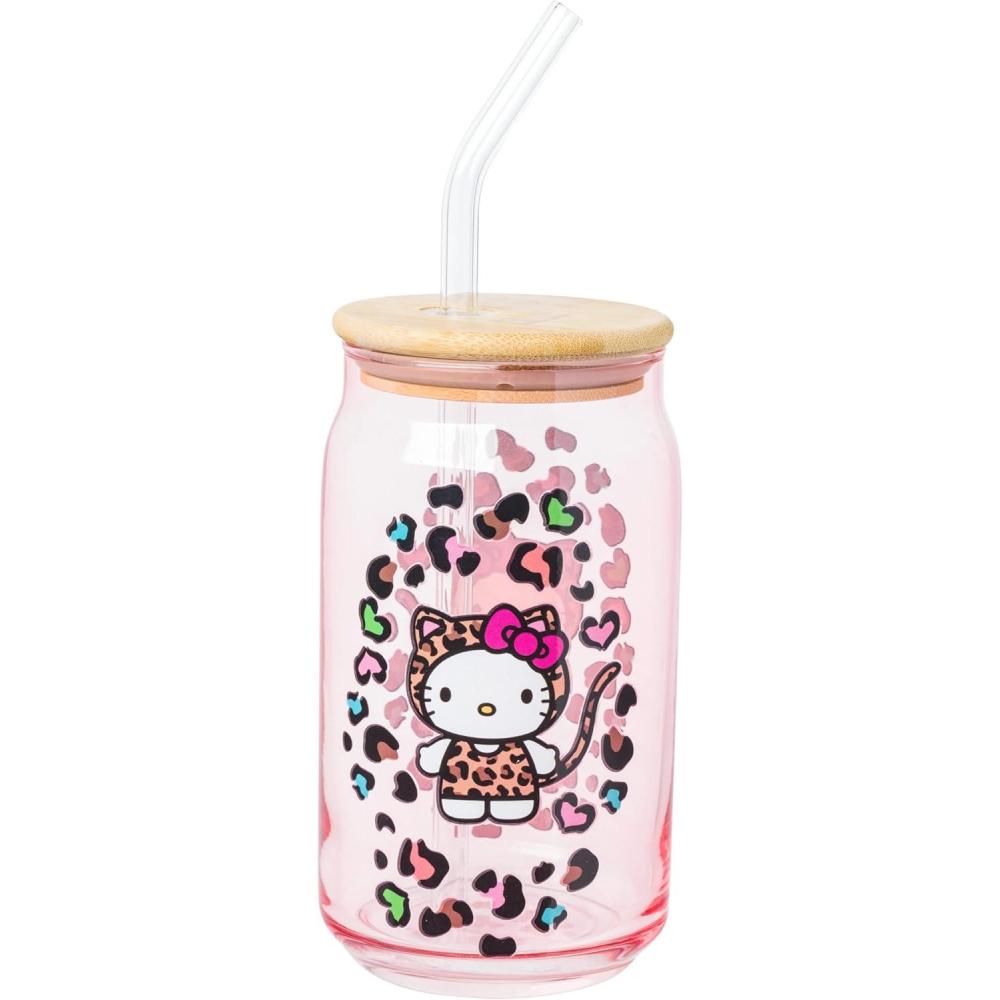 imageSilver Buffalo Sanrio Hello Kitty and Friends Cinnamoroll Polaroids Glass Jar Tumbler with Bamboo Lid and Glass Straw 16 OuncesHello Kitty Leopard Print Pink