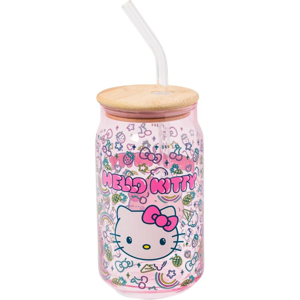 imageSilver Buffalo Sanrio Hello Kitty and Friends Cinnamoroll Polaroids Glass Jar Tumbler with Bamboo Lid and Glass Straw 16 OuncesHello Kitty Neon Fruit