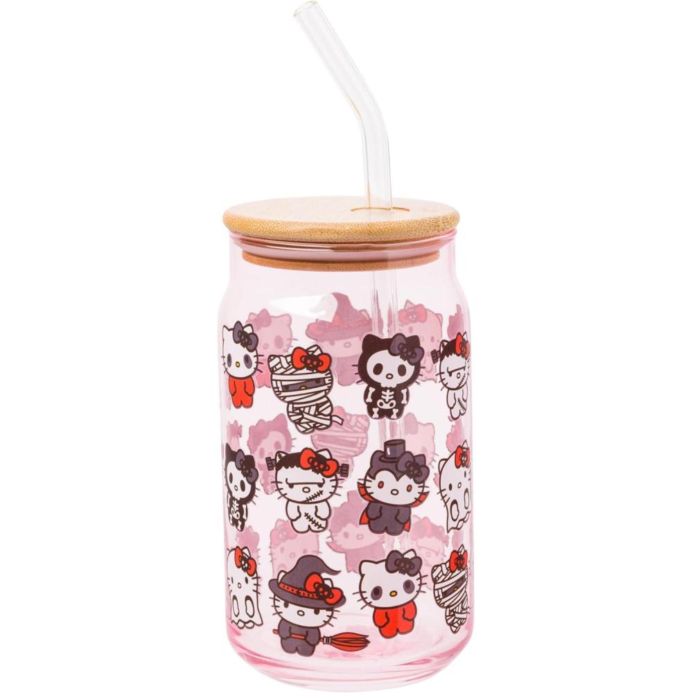 imageSilver Buffalo Sanrio Hello Kitty and Friends Cinnamoroll Polaroids Glass Jar Tumbler with Bamboo Lid and Glass Straw 16 OuncesHello Kitty Pink Halloween Various Costumes