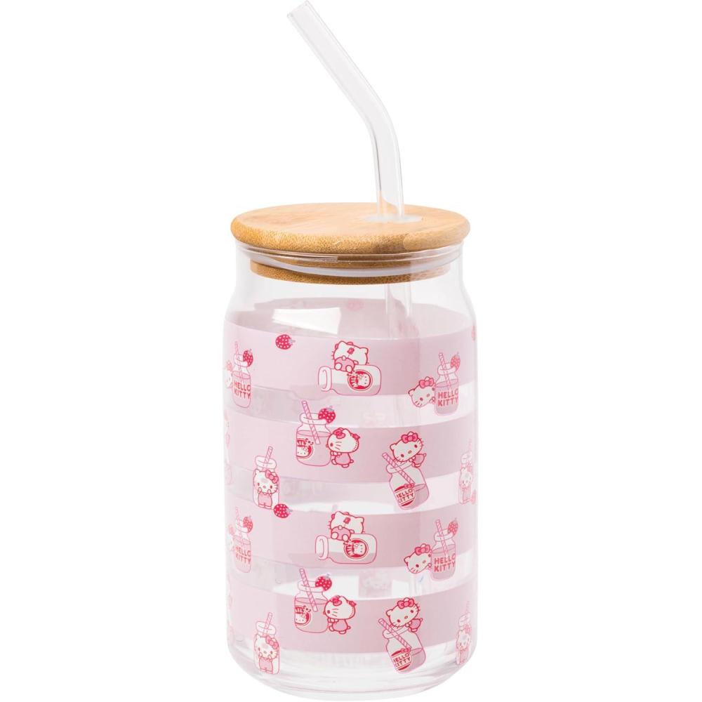imageSilver Buffalo Sanrio Hello Kitty and Friends Cinnamoroll Polaroids Glass Jar Tumbler with Bamboo Lid and Glass Straw 16 OuncesHello Kitty Strawberry Milk