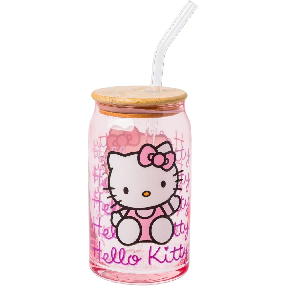 imageSilver Buffalo Sanrio Hello Kitty and Friends Cinnamoroll Polaroids Glass Jar Tumbler with Bamboo Lid and Glass Straw 16 OuncesHello Kitty Waving