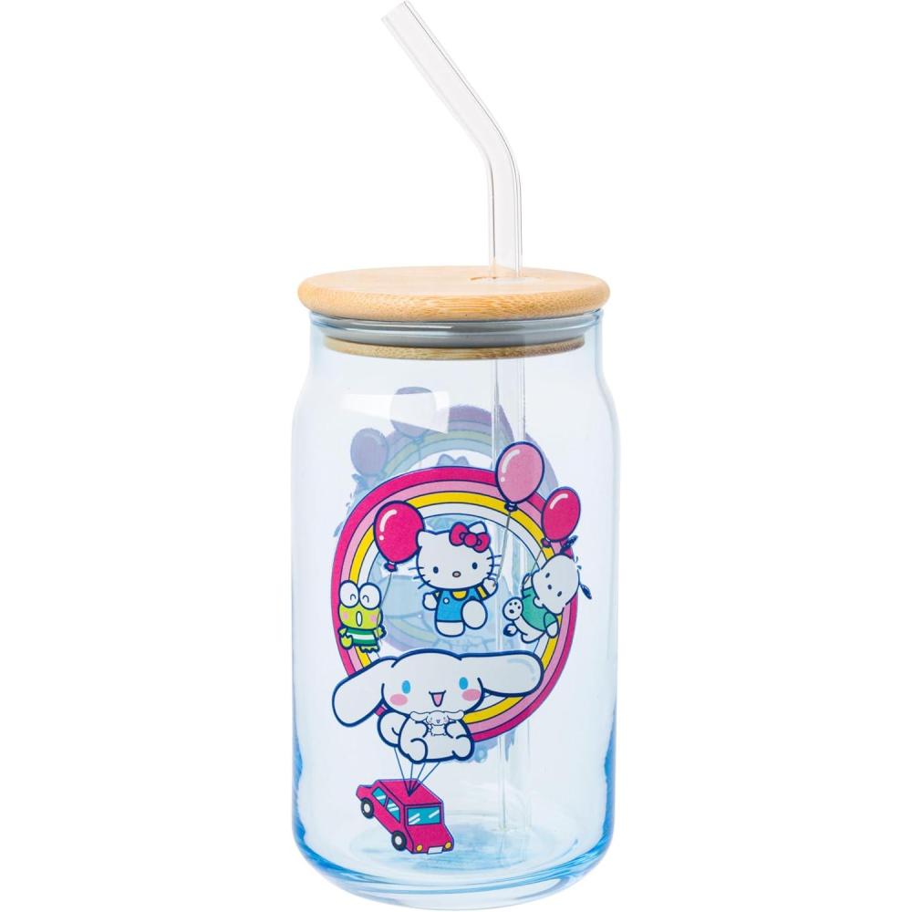 imageSilver Buffalo Sanrio Hello Kitty and Friends Cinnamoroll Polaroids Glass Jar Tumbler with Bamboo Lid and Glass Straw 16 OuncesHello Kitty and Friends Floating Car