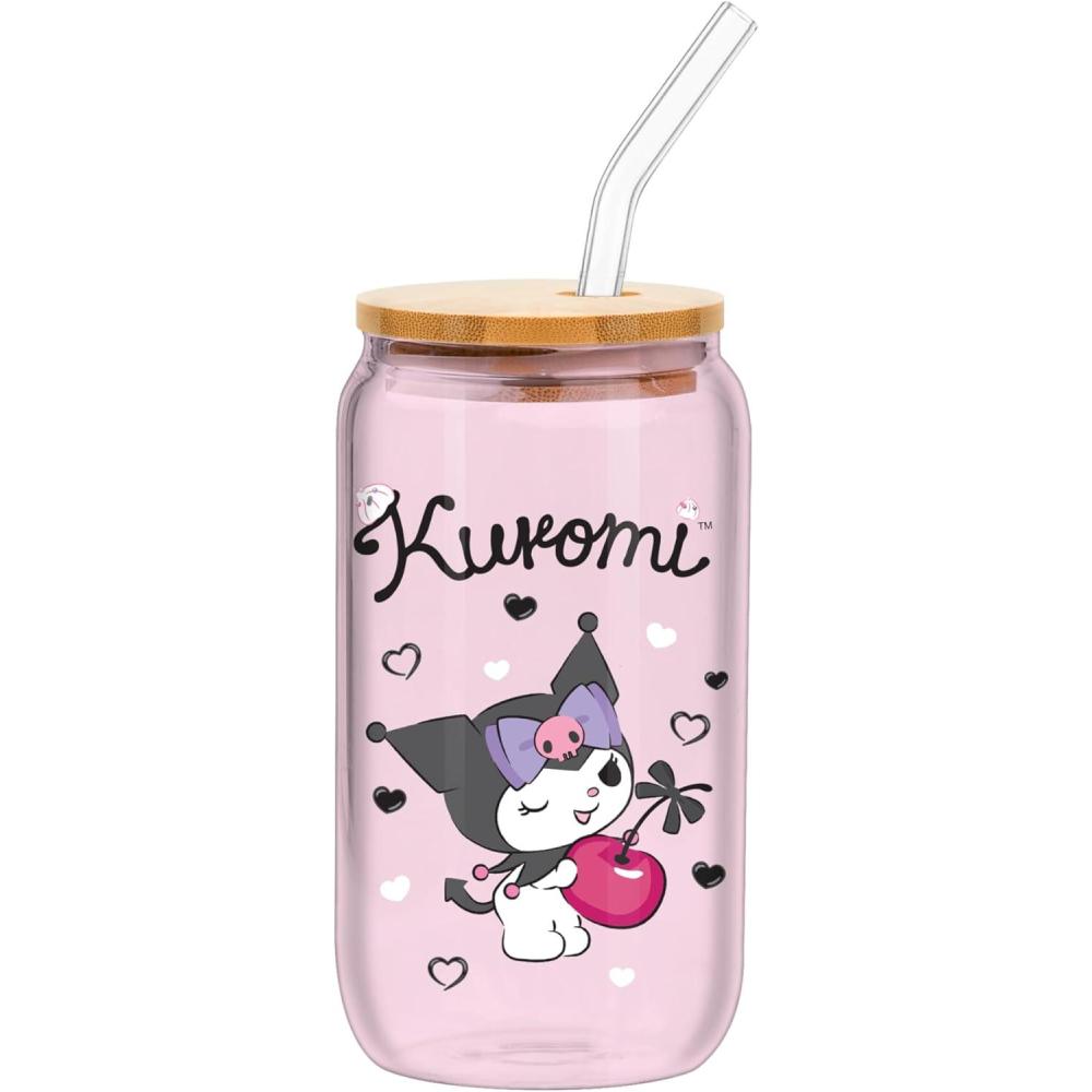 imageSilver Buffalo Sanrio Hello Kitty and Friends Cinnamoroll Polaroids Glass Jar Tumbler with Bamboo Lid and Glass Straw 16 OuncesKuromi Cherry