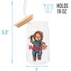 Silver Buffalo Disney Villains Featuring Scar, Maleficent, Ursula, Evil Queen, and Hades Chrome Glass Jar Tumbler with Bamboo Lid and Glass Straw, 16 Ounces(Chucky Wanna Play)