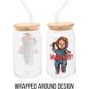 Silver Buffalo Disney Villains Featuring Scar, Maleficent, Ursula, Evil Queen, and Hades Chrome Glass Jar Tumbler with Bamboo Lid and Glass Straw, 16 Ounces(Chucky Wanna Play)