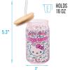 Silver Buffalo Sanrio Hello Kitty and Friends Cinnamoroll Polaroids Glass Jar Tumbler with Bamboo Lid and Glass Straw, 16 Ounces(Hello Kitty Neon Fruit)