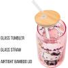 Silver Buffalo Sanrio Hello Kitty and Friends Cinnamoroll Polaroids Glass Jar Tumbler with Bamboo Lid and Glass Straw, 16 Ounces(Hello Kitty Pink Halloween Skeleton)