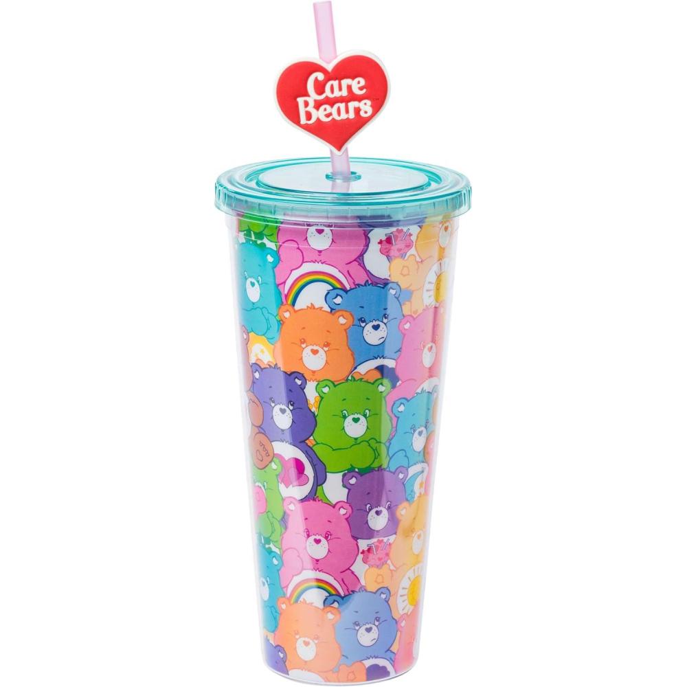 imageSilver Buffalo Care Bears Featuring Cheer Share Wish Good Luck Funshine Grumpy Friend Bedtime Harmony and LoveALot Plastic Cold Cup with Lid and Topper Straw 24 Ounces