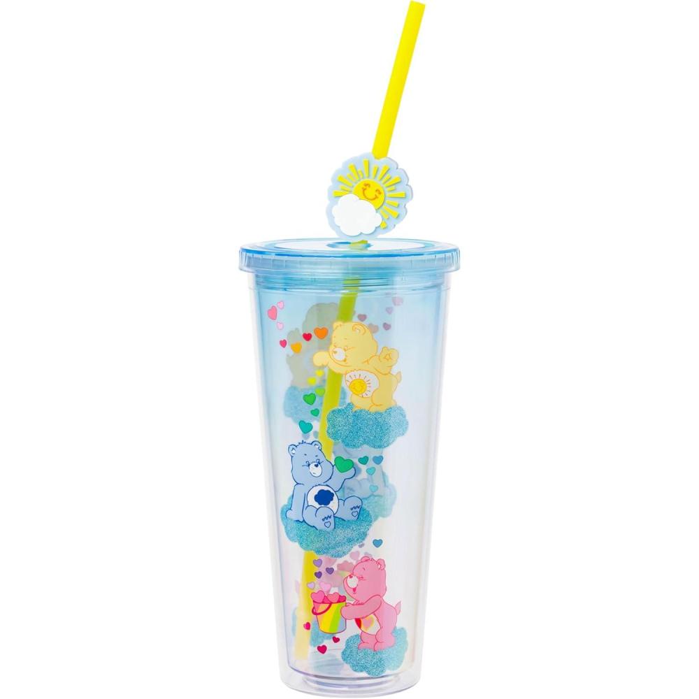 imageSilver Buffalo Care Bears Featuring Funshine Bear Grumpy Bear and LoveaLot Bear Glitter Plastic Cold Cup with Lid and Straw Topper 24 Ounces