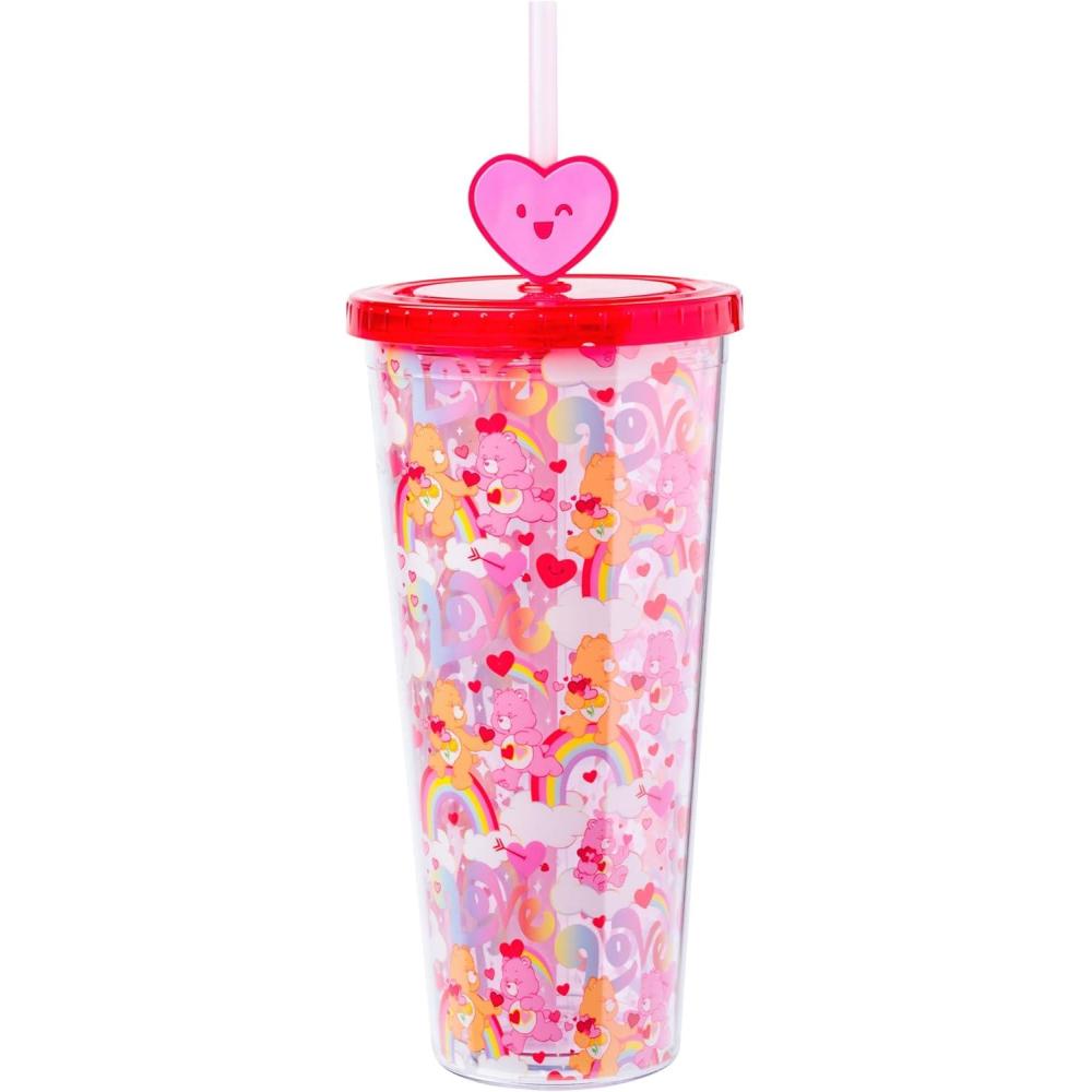 imageSilver Buffalo Care Bears Love Plastic Cold Cup with Lid and Straw Topper Featuring Friend Bear and LoveALot Bear 24 Ounces